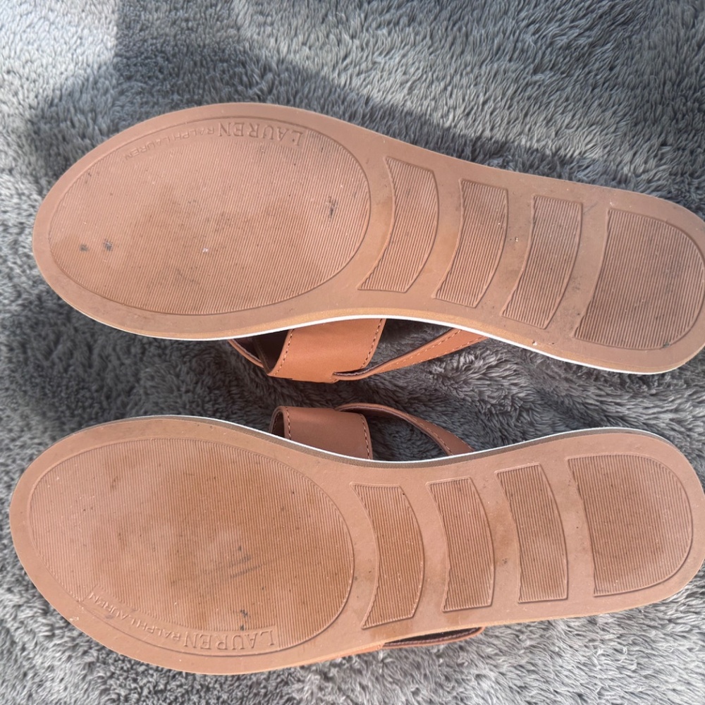 Lauren Ralph Lauren Sandals Brown Leather Thong Gold Logo Size 9 -  Classic Summ - Picture 6 of 11